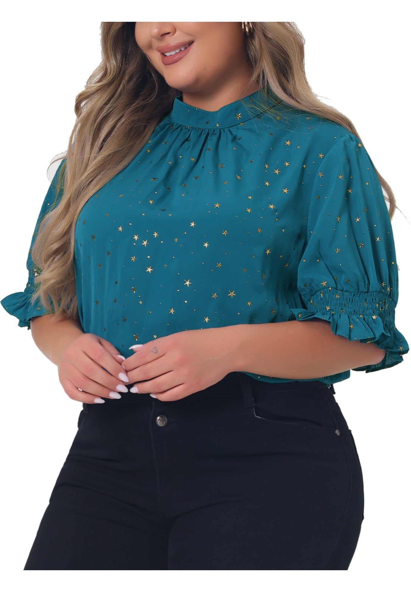 Pleated Mock Neck Star Print Puff Sleeve Blouse Top, Blue / Azure Blue, alternate image number 1