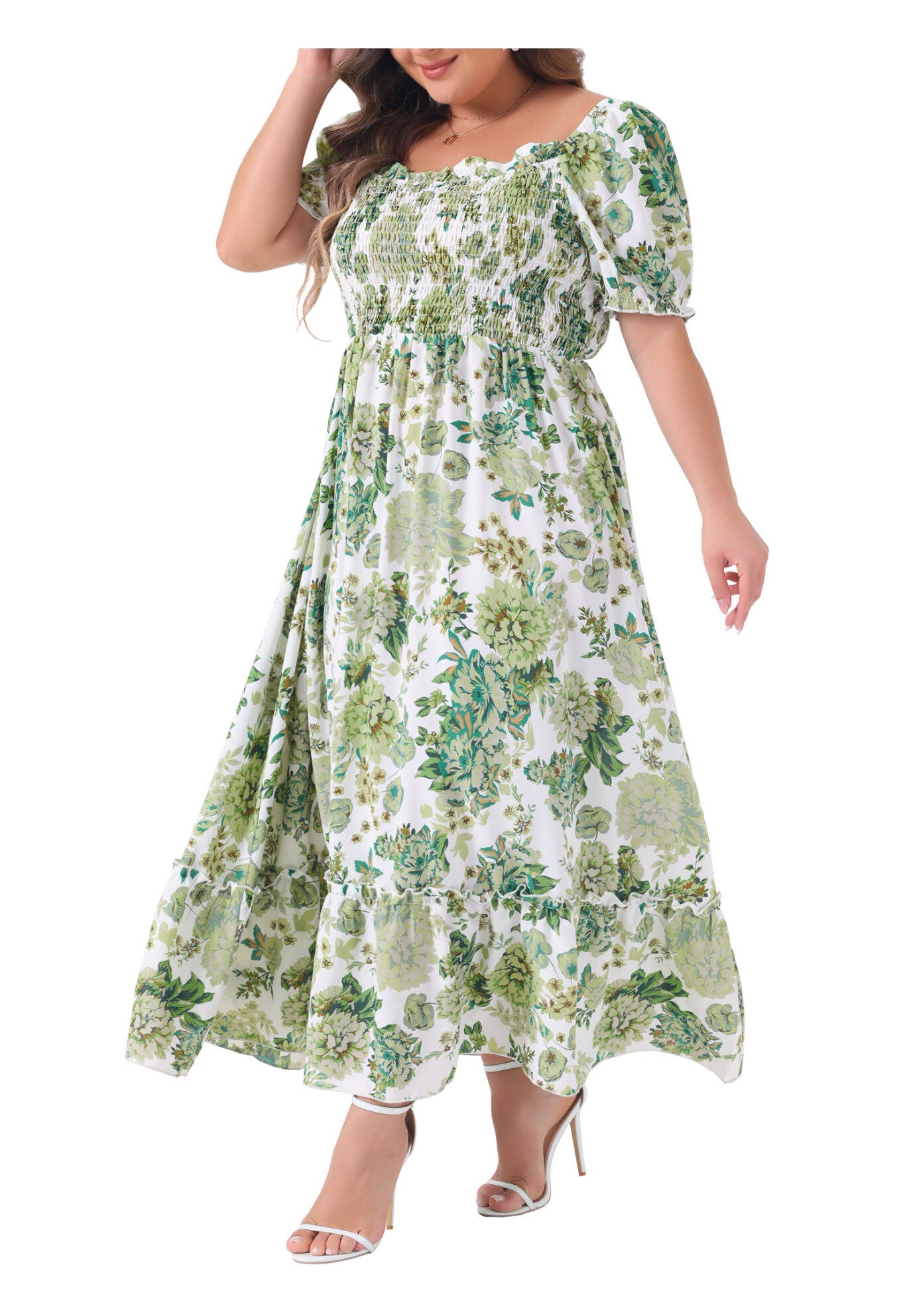 Short Sleeve Shirred Square Neck Floral Maxi Dress, Green / Sage Green, alternate image number 1