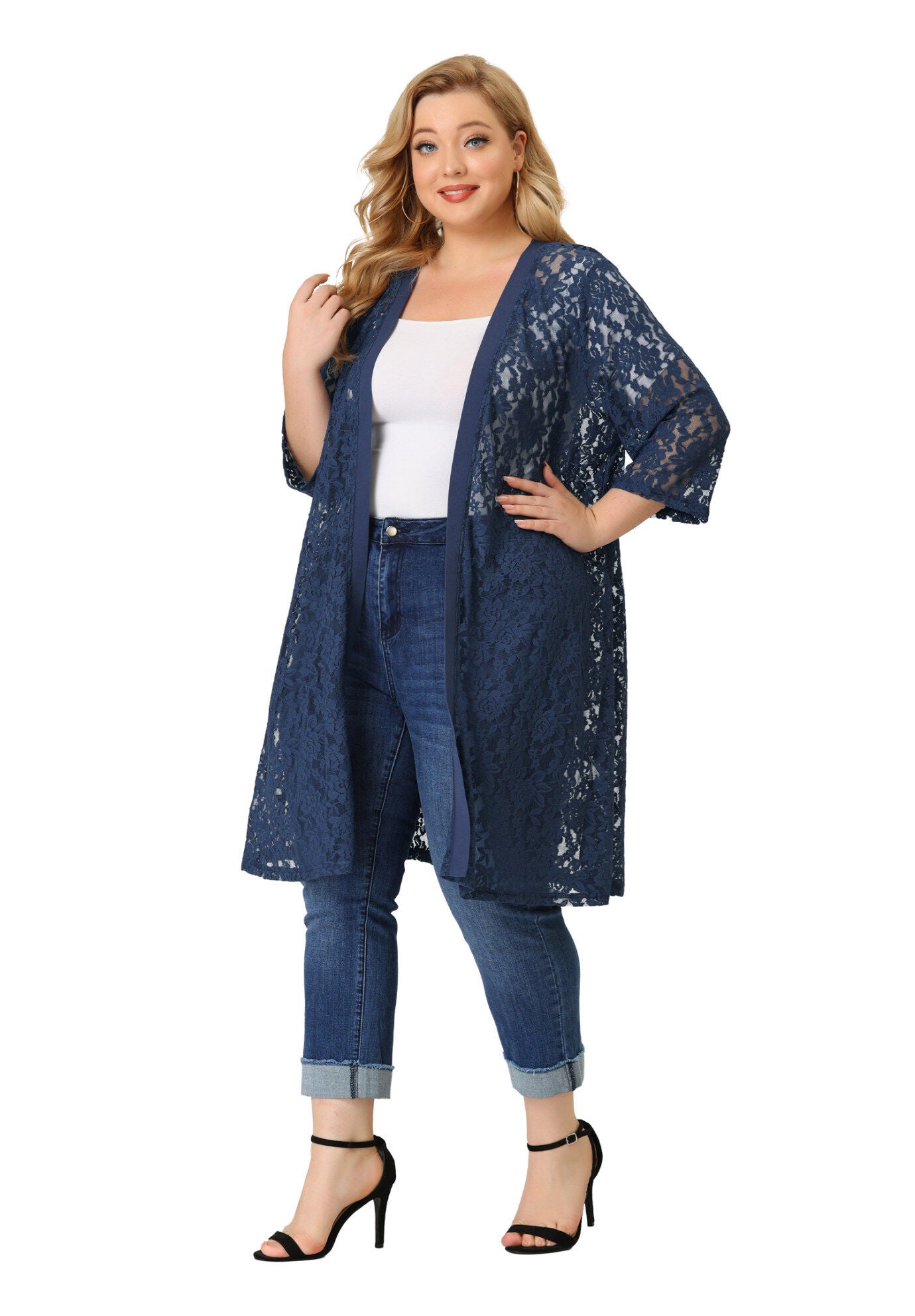 LACE CROCHET 3/4 SLEEVE COVER UP CARDIGAN, Navy / Navy, alternate image number 2