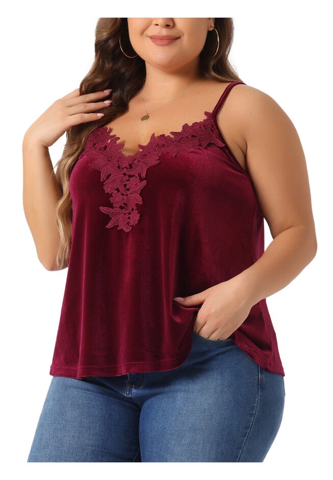 V Neck Lace Floral Panel Spaghetti Strap Cami Velvet Tank Top, Burgundy / Red, alternate image number 1