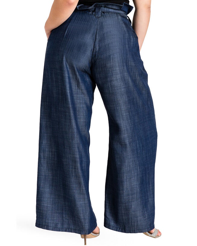 Plus Size Cleo Indigo Tencel Denim Palazzo Pants, Blue Rinse / Navy, alternate image number 3