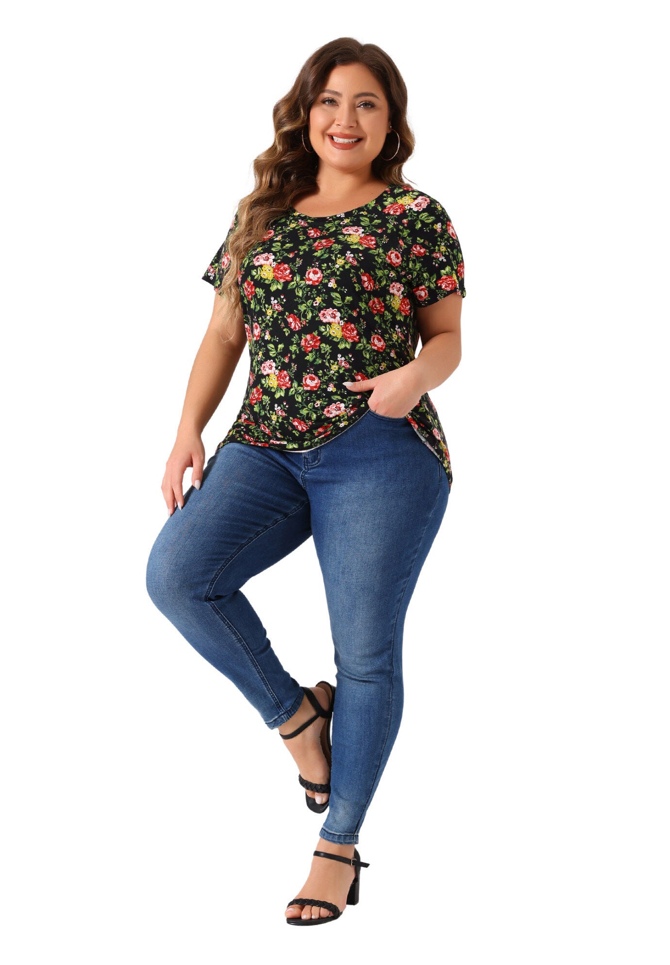 Floral Blouse Short Sleeves Loose Top, Black / Black, hi-res image number 0