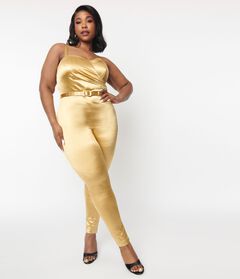 Unique Vintage Gold Spandex Belted Jumpsuit