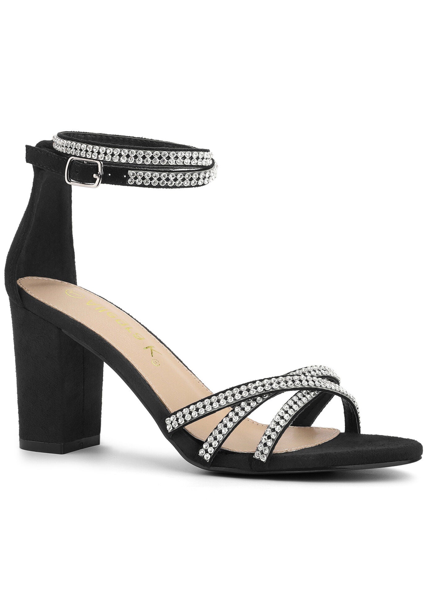 Rhinestones Strappy Chunky Heel Sandals, Black / Black, hi-res image number 0
