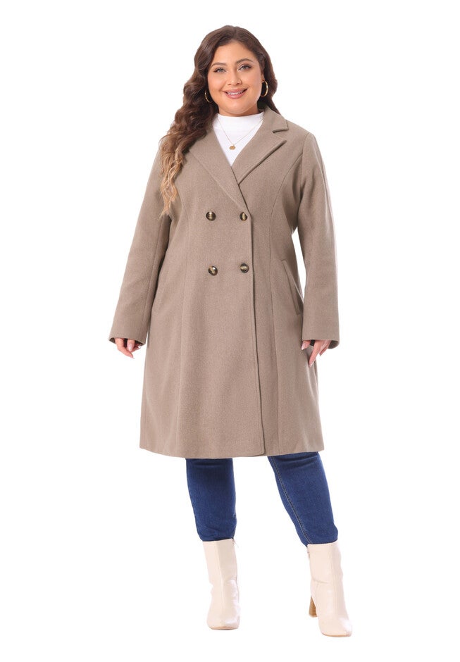 NOTCHED LAPEL WINTER WARM DOUBLE BREASTED LONG COAT, Light Brown / Brown, hi-res image number 0