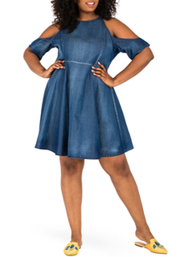 Lauren Cold Shoulder Flare Mini Tencel Dress, Blue / Dark Wash, hi-res image number 0