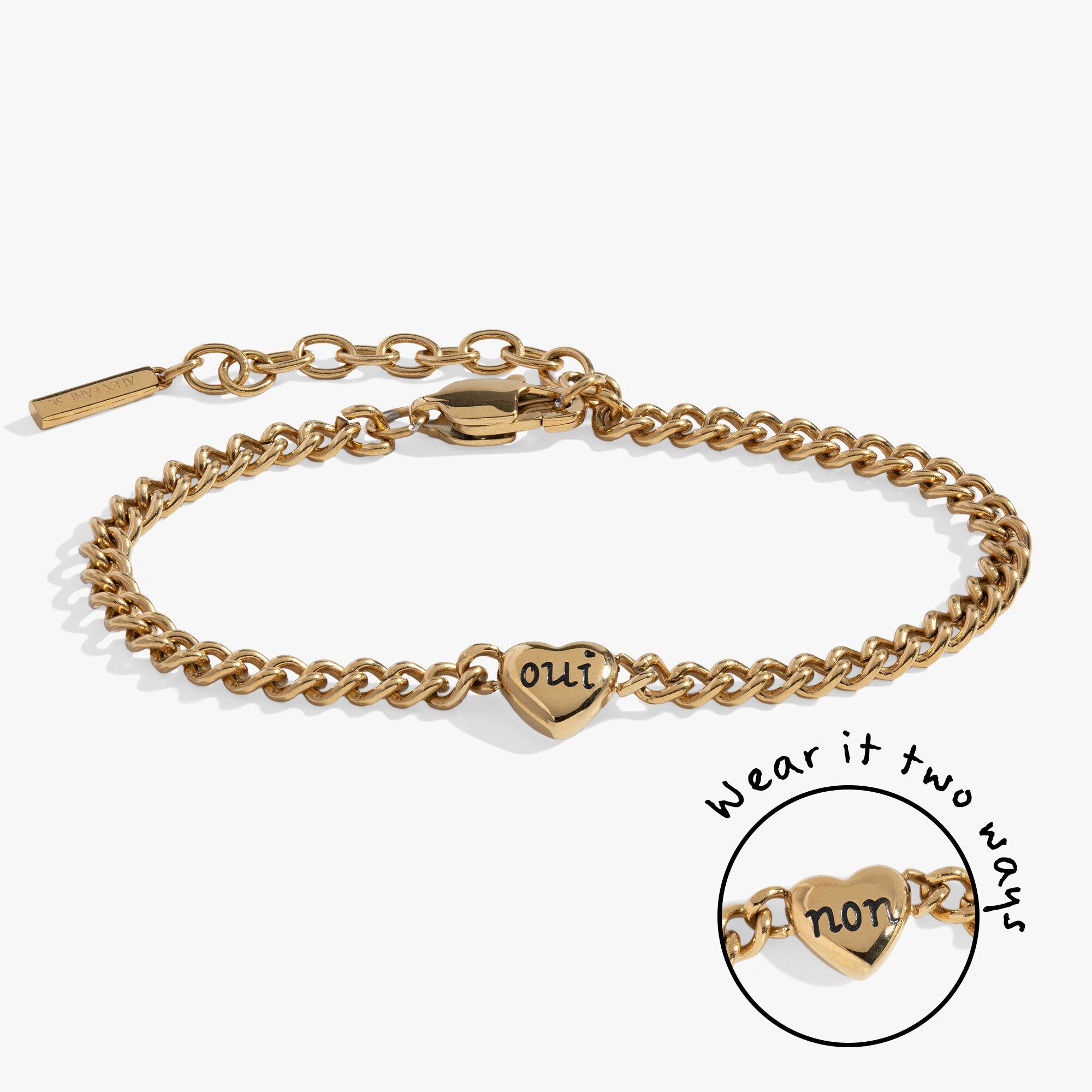 Engraved French &#39;Oui&#39; & &#39;Non&#39; Reversible Heart Bracelet, Gold / Gold, hi-res image number 0