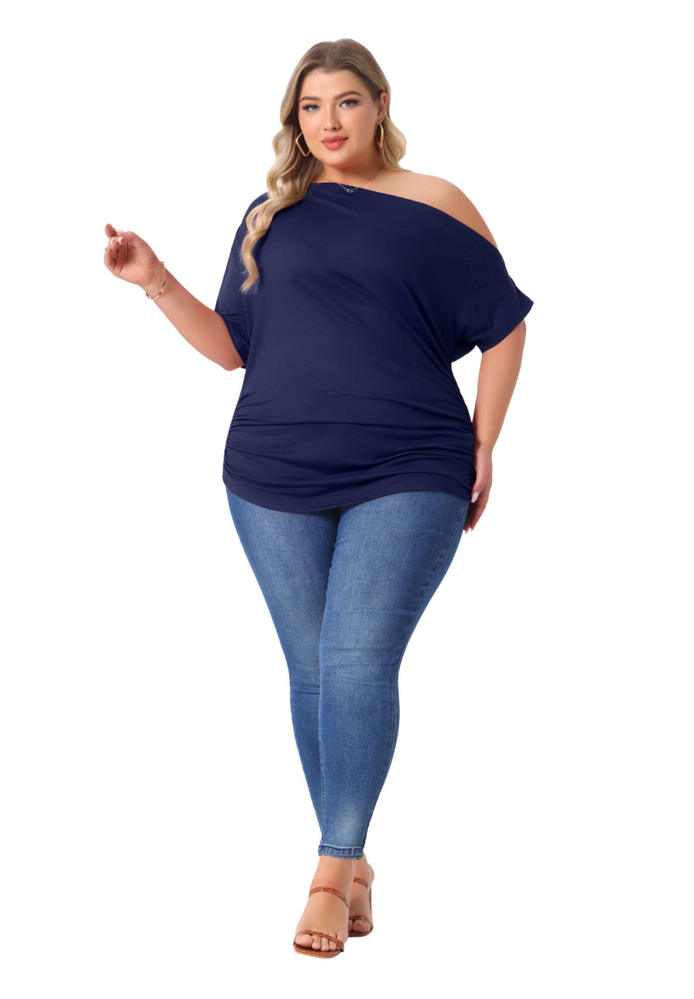 ONE SHOULDER SHORT SLEEVE RUCHED TOP, Dark Blue / Navy, hi-res image number 0