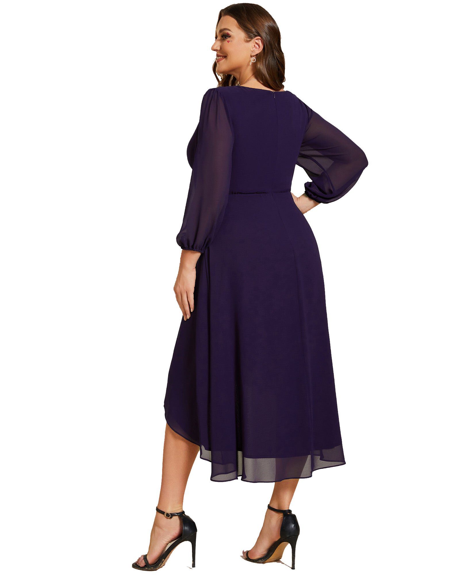 Long Sleeves Asymmetrical Hem A-Line Midi Wedding Guest Dress, , alternate image number 5