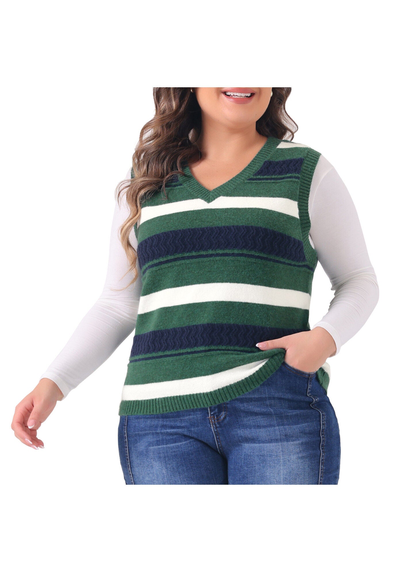 V Neck Striped Knit Casual Pullover Sweater Vest, Green / Hunter Green, alternate image number 1