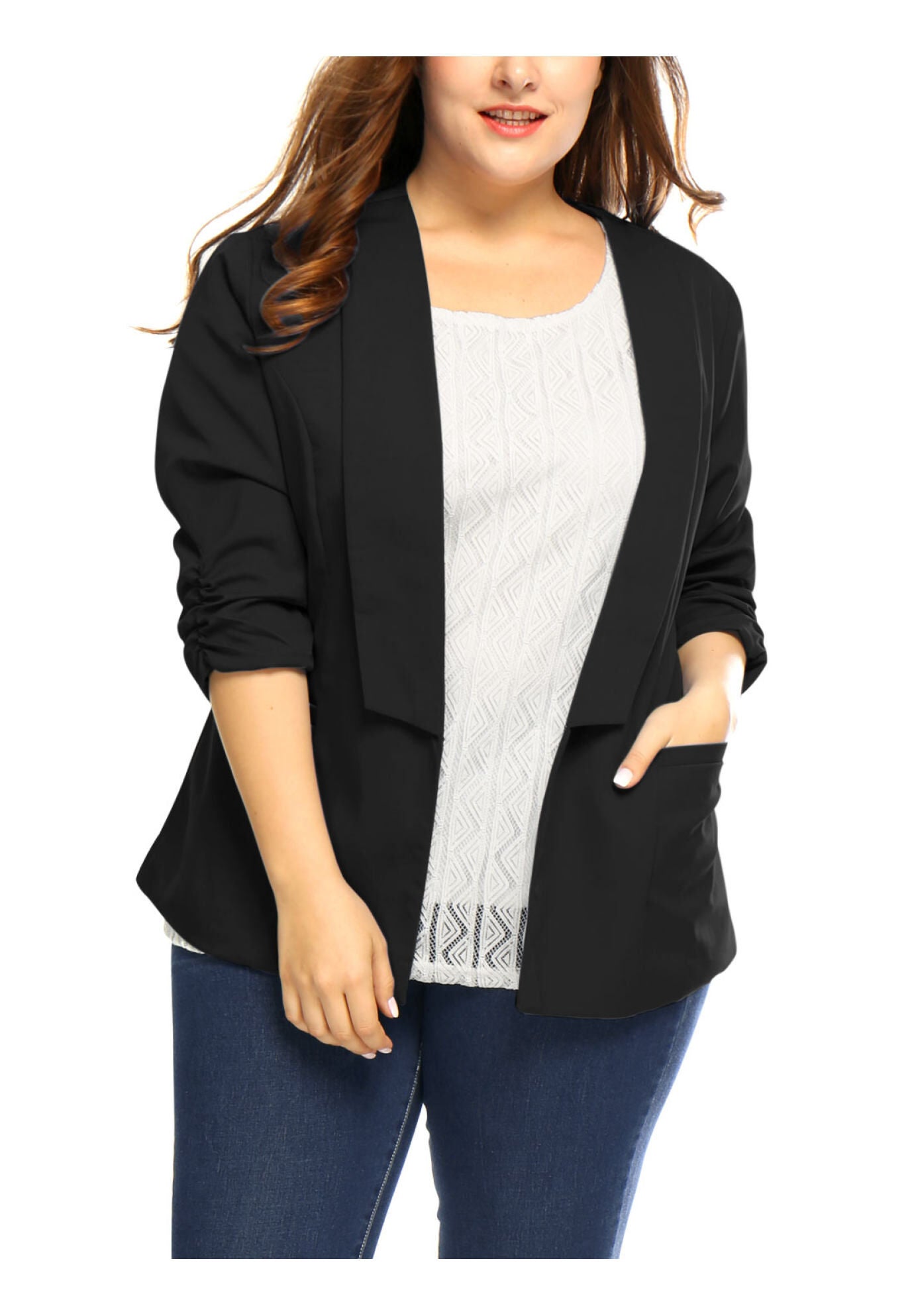 OPEN FRONT 3/4 RUCHED SLEEVE LIGHTWEIGHT BLAZER, Black / Black, hi-res image number 0
