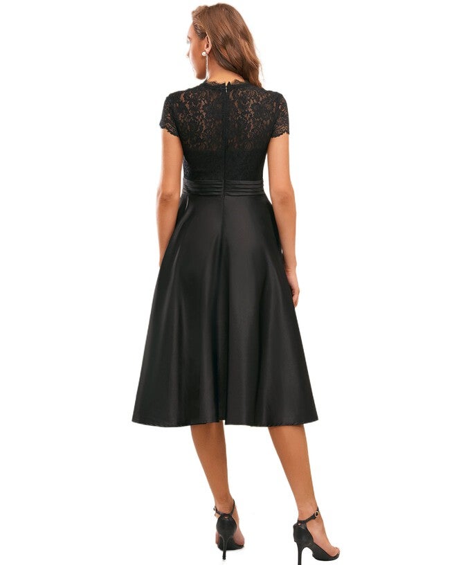 Lace Cap Sleeve V neck Cocktail Dress, Black / Black, alternate image number 1