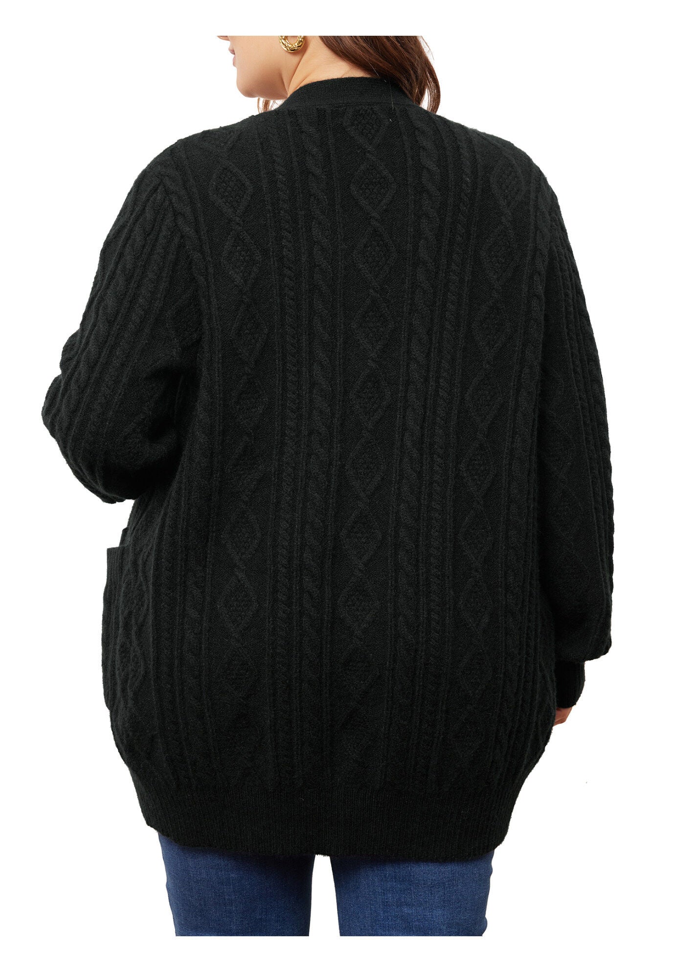 OPEN FRONT LIGHTWEIGHT SWEATER CARDIGAN WITH POCKETS, Black / Black, alternate image number 3