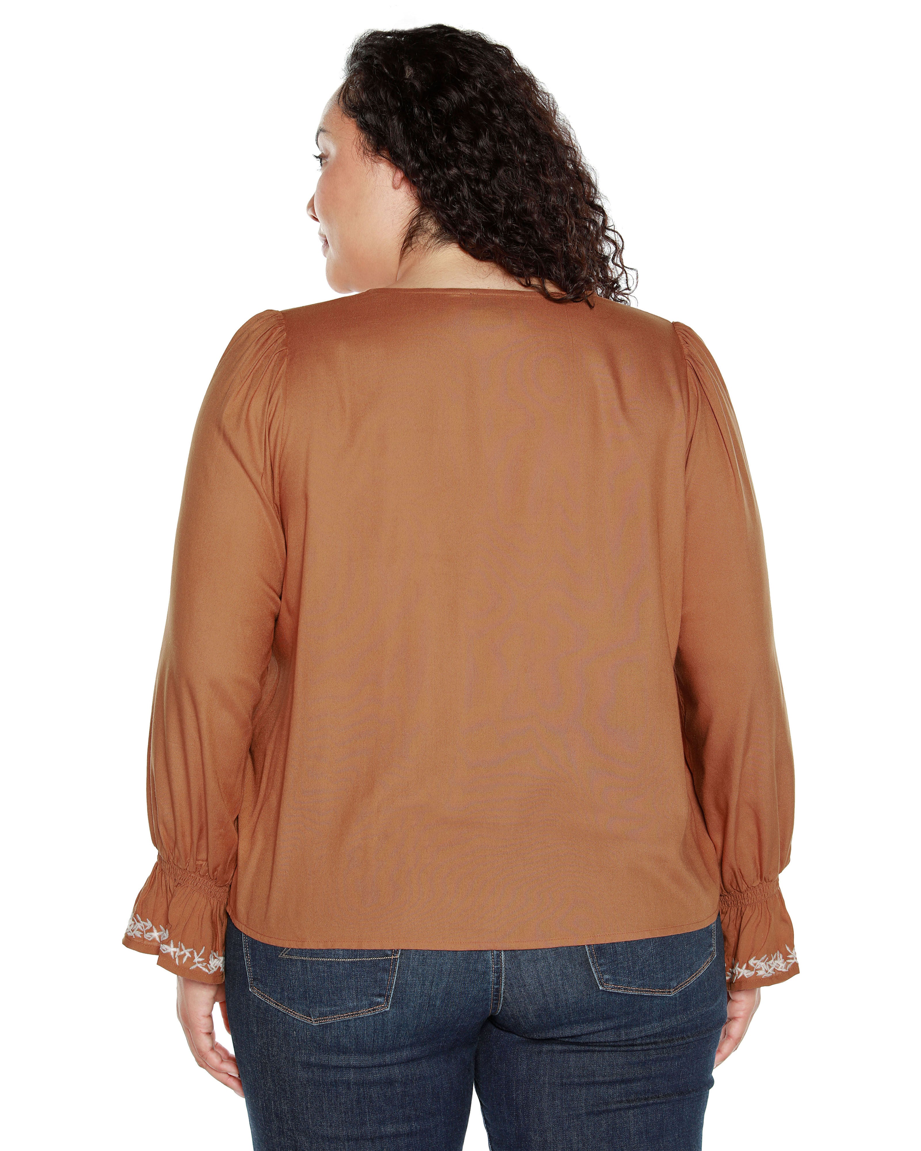 TIE-NECK EMBROIDERED-FRONT BLOUSE, Iced Latte / Brown, alternate image number 1