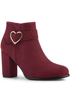 Heart Buckle Side Zip Chunky Heels Ankle Boots