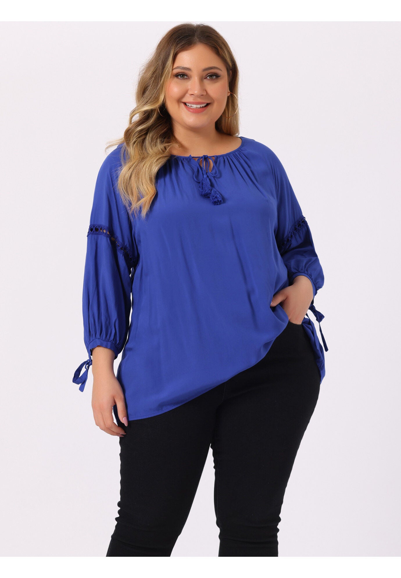 RAGLAN SLEEVES HOLLOW OUT TIE NECK PEASANT TOP, Royal Blue / Royal Blue, alternate image number 4