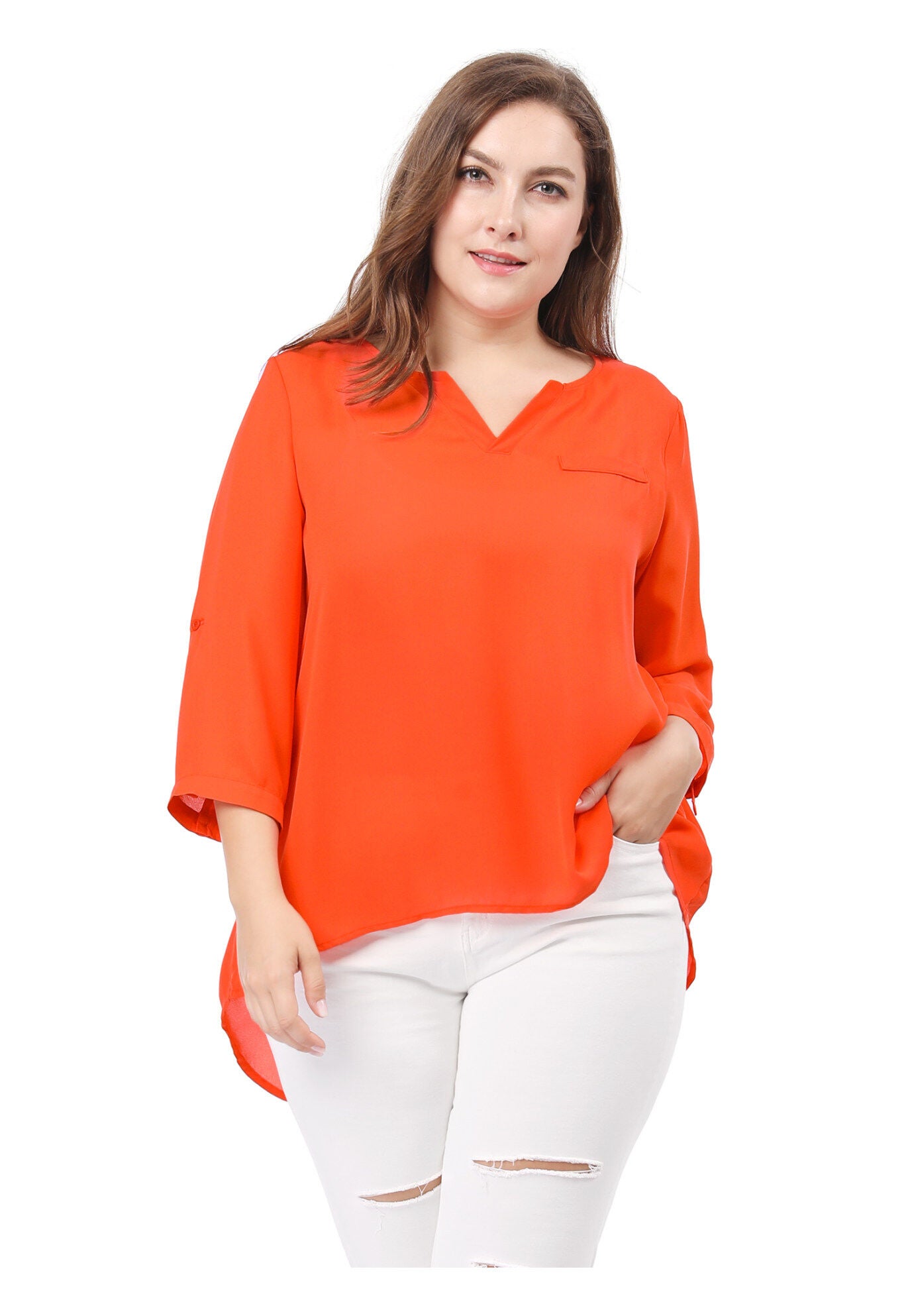 3/4 Sleeve Sheer Flowy Summer Split V Neck Blouse, Orange / Orange, hi-res image number 0