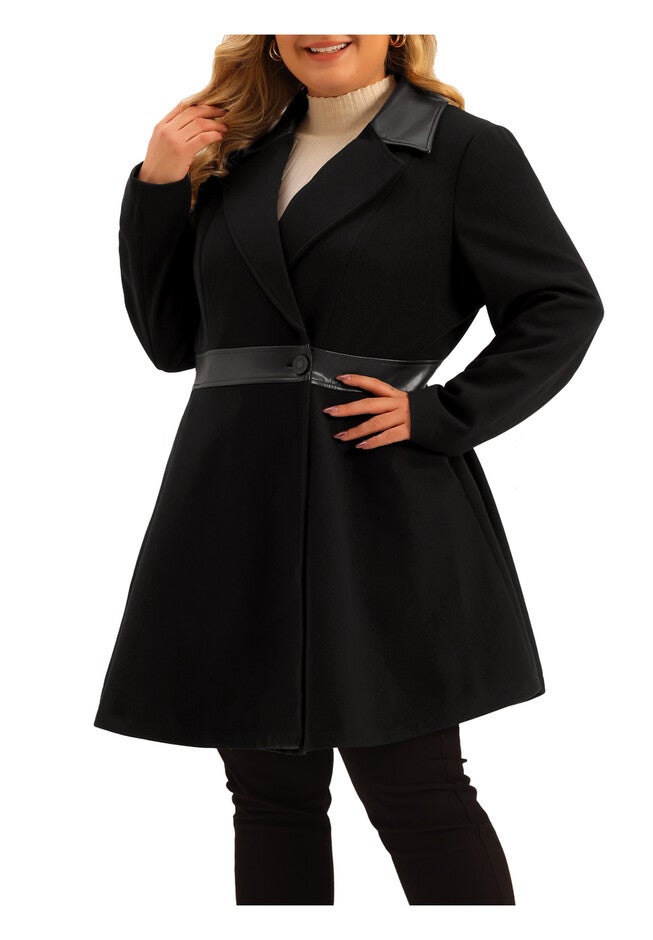 Leather Notched Lapel Single Breasted Long Trench Coat, Black / Black, alternate image number 1