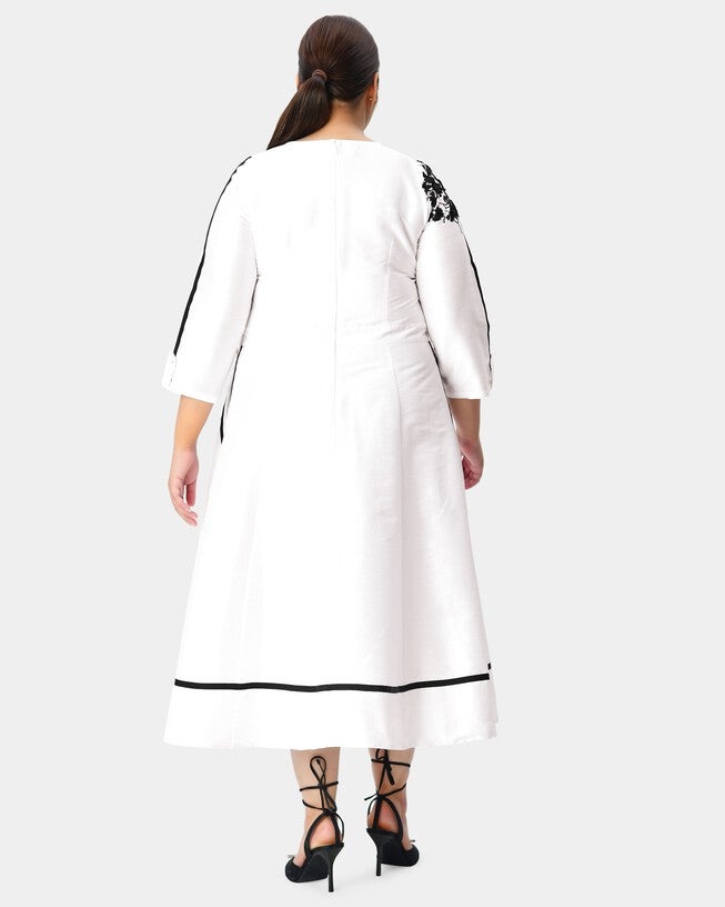 Floral graphic embellished dupioni crewneck dress, , alternate image number null