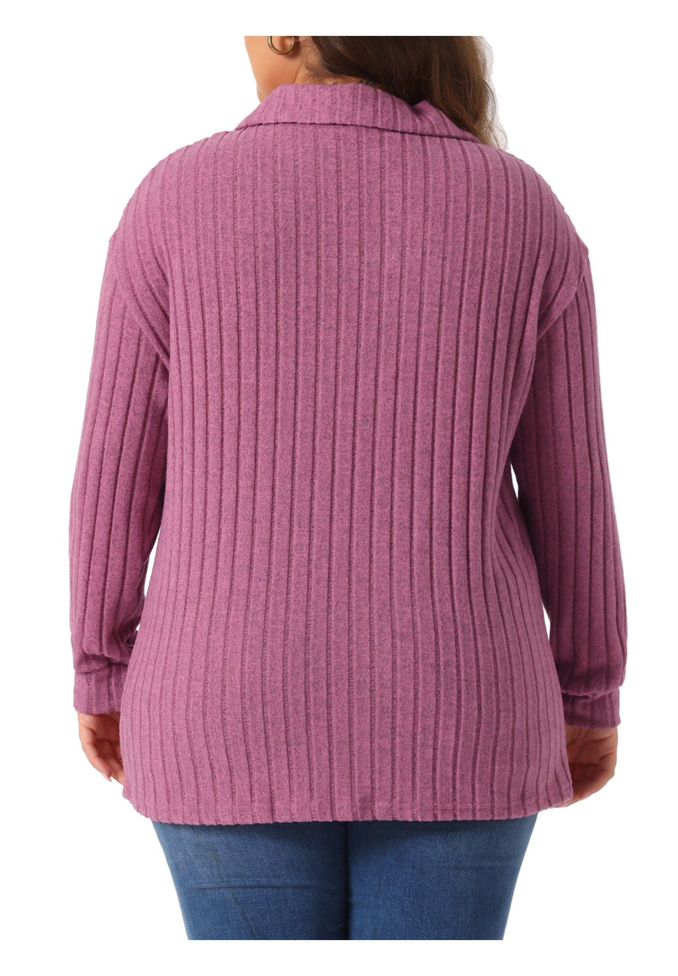 Loose Polo V Neck Long Sleeve Ribbed Knit Top, Fuchsia / Deep Fuchsia, alternate image number 2