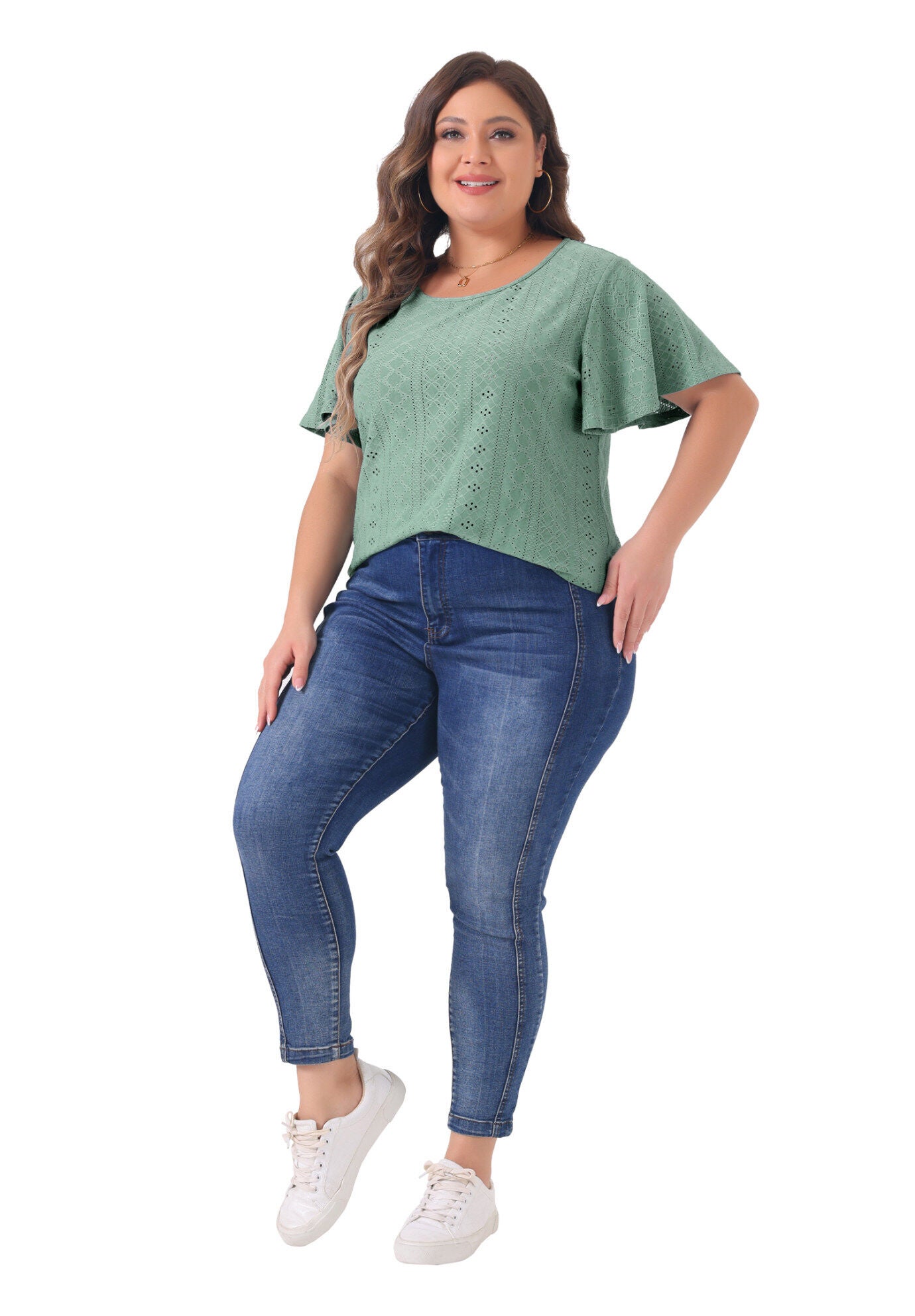 V NECK LOOSE FIT RUFFLE SLEEVE SUMMER HOLLOW TOP, Green / Light Green, hi-res image number 0