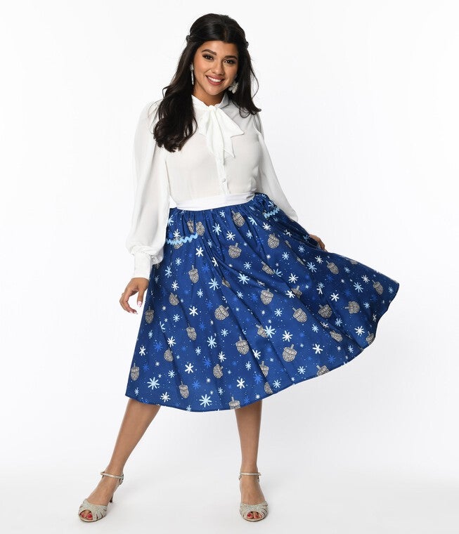 Unique Vintage Blue Hanukkah Print Susannah Swing Skirt, Blue Hannukah Print / Royal Blue, hi-res image number 0