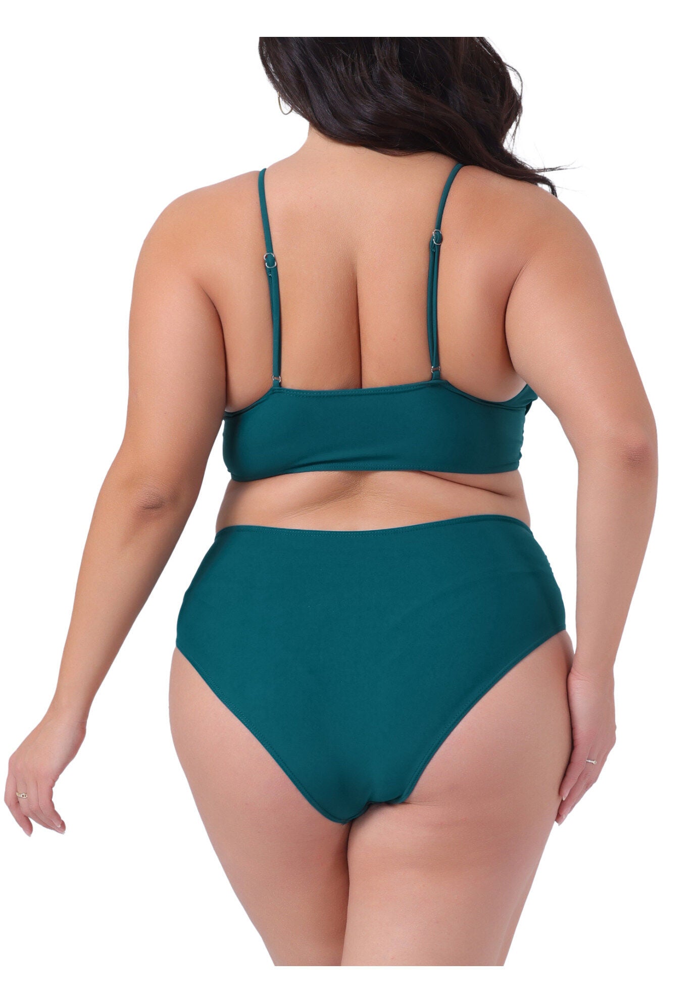 High Waisted V Neck Two Piece Bikini Set, Blue Green / Quetzal Green, alternate image number 3