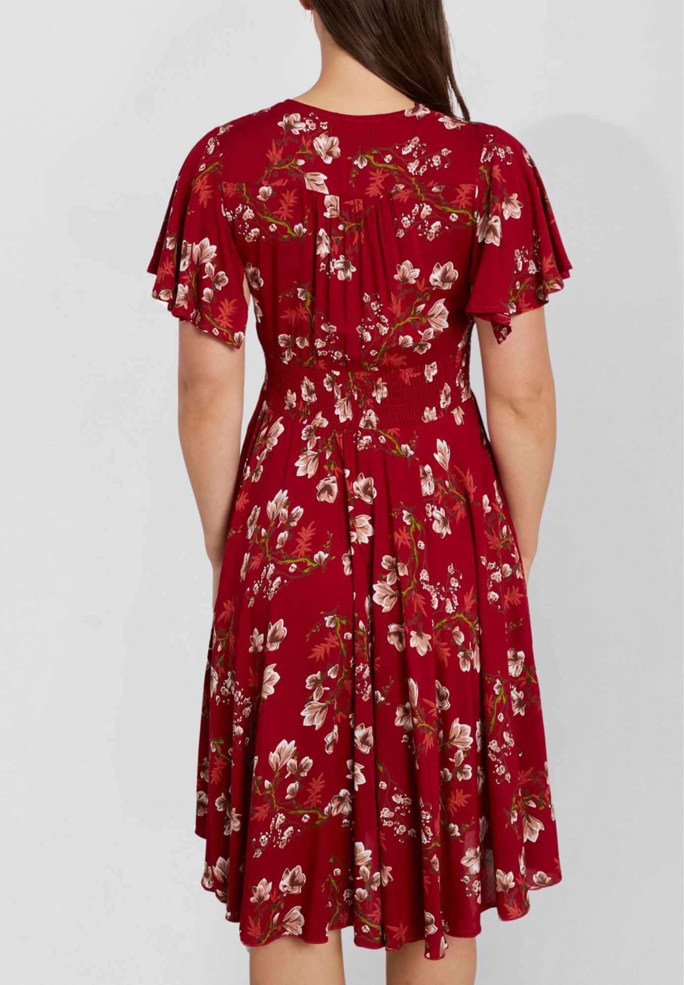 Annick - Dimi Floral Short Dress Smocked Waist Pockets, Red / Red, alternate image number 3