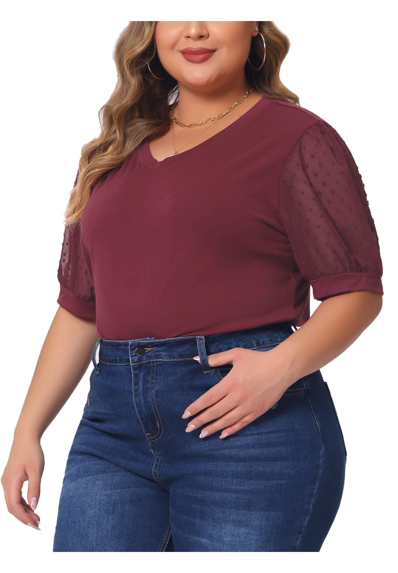 V Neck Swiss Dots Puff Sleeve Loose Top, Red / Red, alternate image number 1