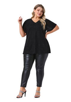 V Neck Metallic Short Sleeve Party Blouse Tee Top