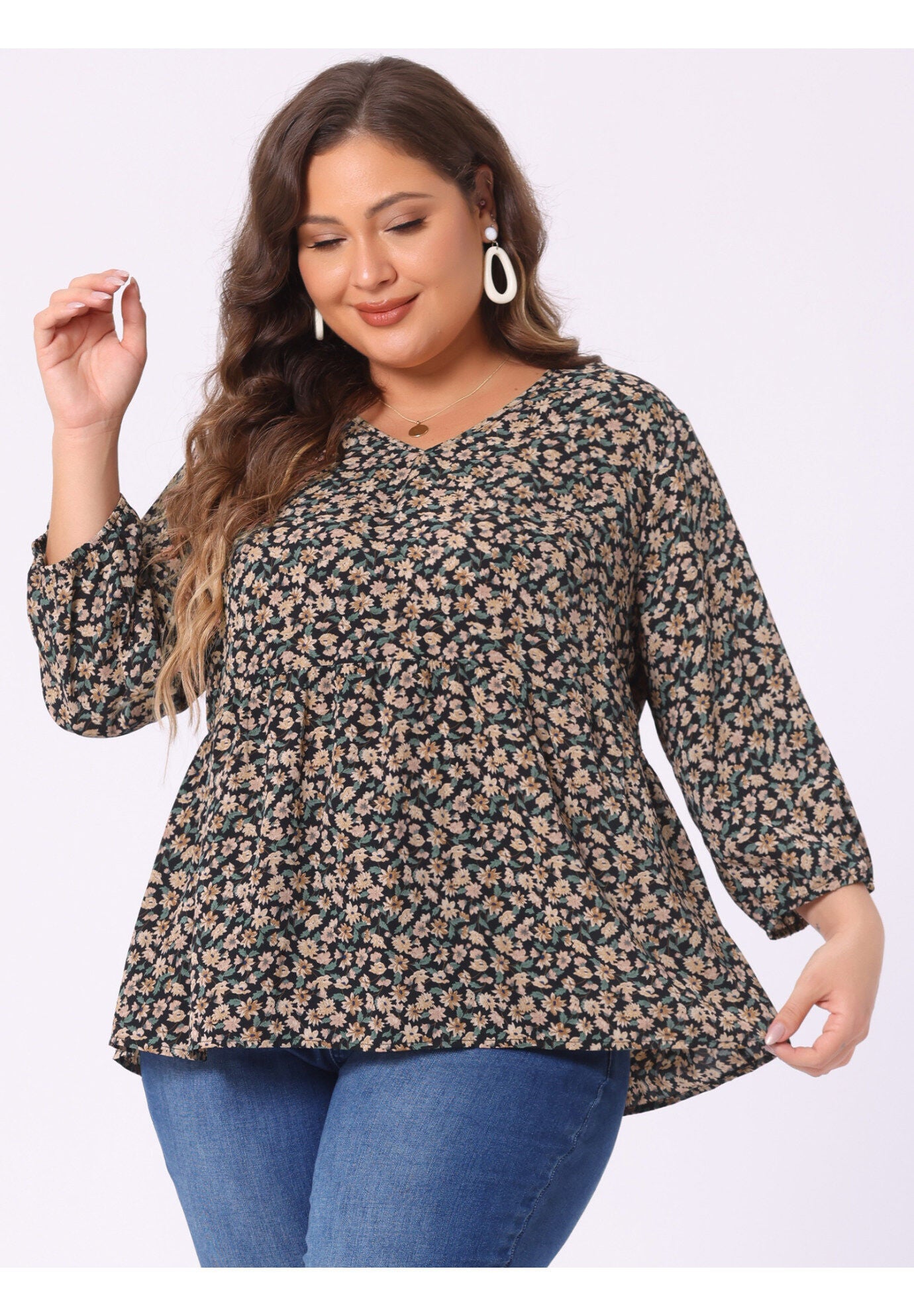 V Neck Babydoll Flowy 3/4 Lantern Sleeve Floral Blouse, Black Orange / Black, alternate image number 1