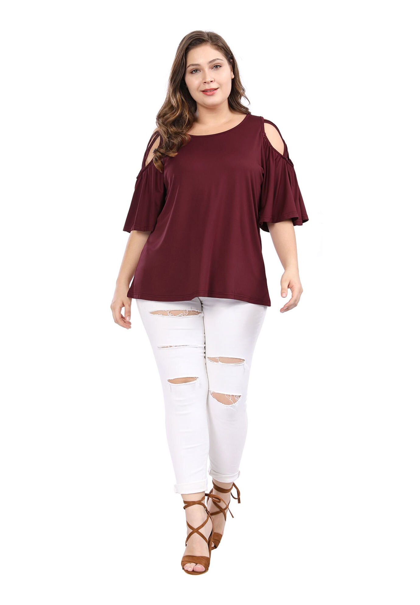 Cold Shoulder Bell Sleeve Summer Top, Red / Red, alternate image number 3