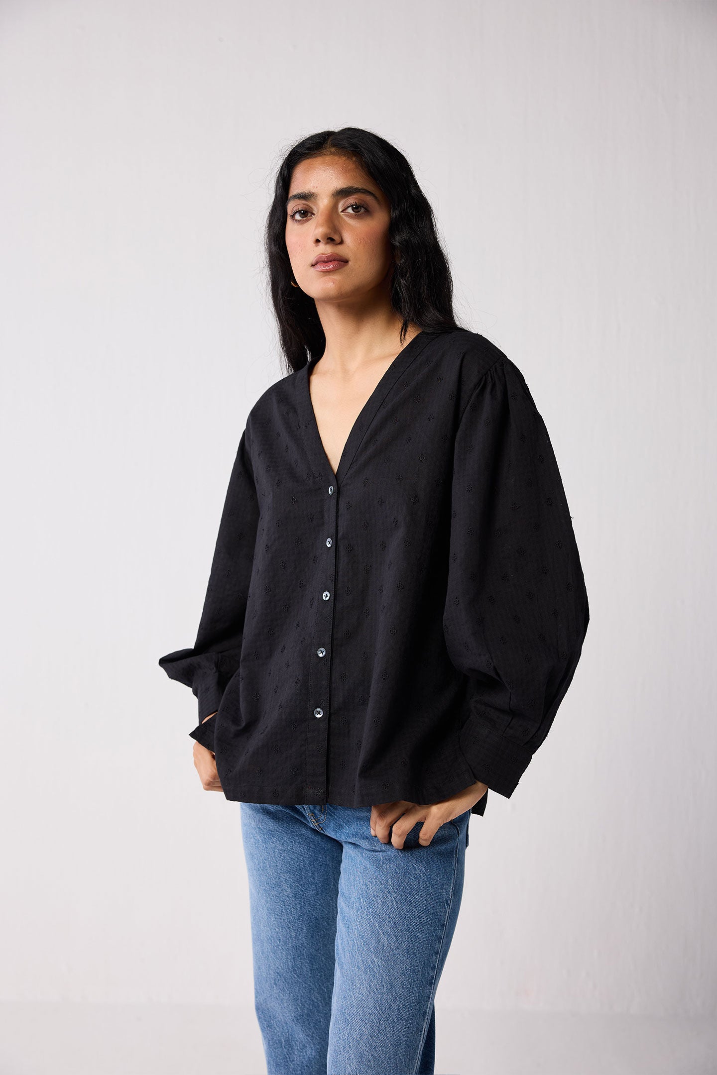 Embroidered Shirt with Long Balloon Sleeves in Black, Black / Black, alternate image number 3