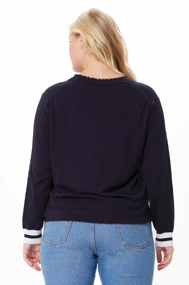 Cotton Cashmere Frayed Cardigan w/ Striped Cuff, , alternate image number null