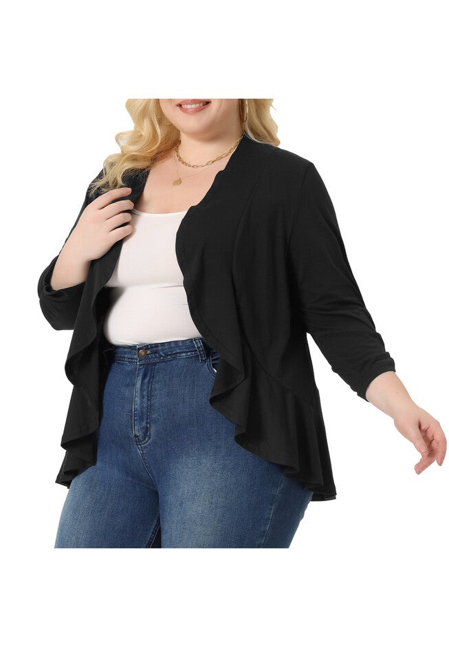 3/4 Sleeve Open Front Cropped Shrug Bolero Cardigan, Black / Black, alternate image number 1