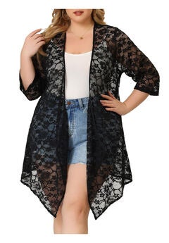 OPEN FRONT 3/4 SLEEVES CROCHET CARDIGAN COVER UP