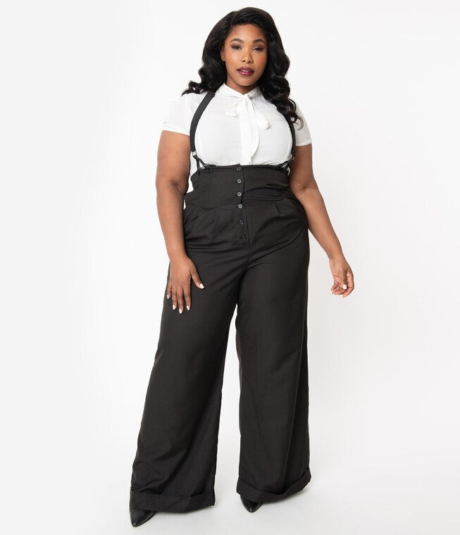 Unique Vintage Black Thelma Suspender Pants, Black / Black, alternate image number null