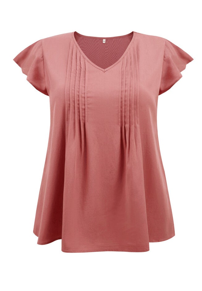 V Neck Topstitched Tucks Ruffle Short Sleeve Blouse, Coral Red / Coral, alternate image number 3