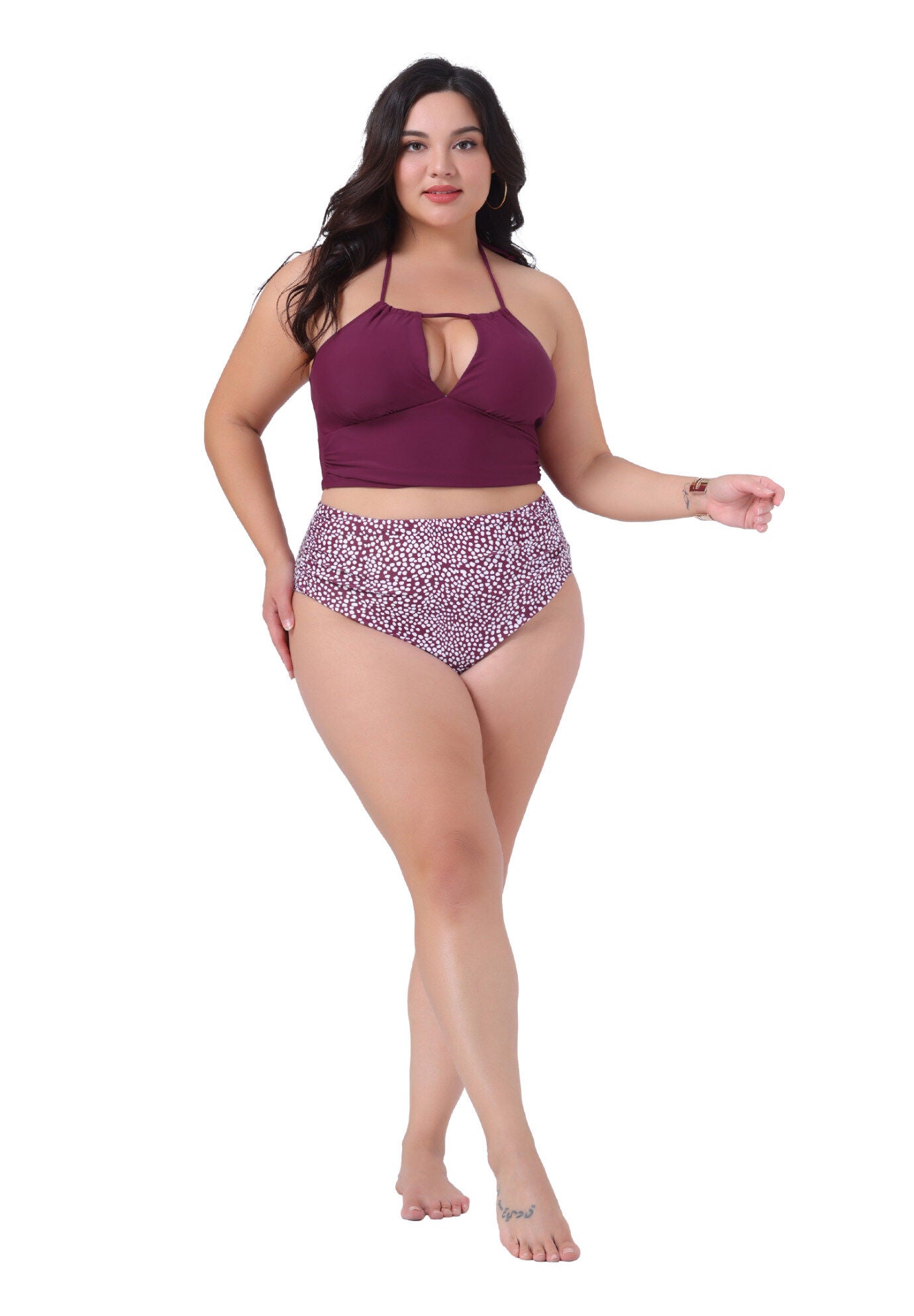 2 Piece Halter Ruched Polka Dots Solid High Waisted Swimsuit Set, Burgundy / Burgundy, hi-res image number 0
