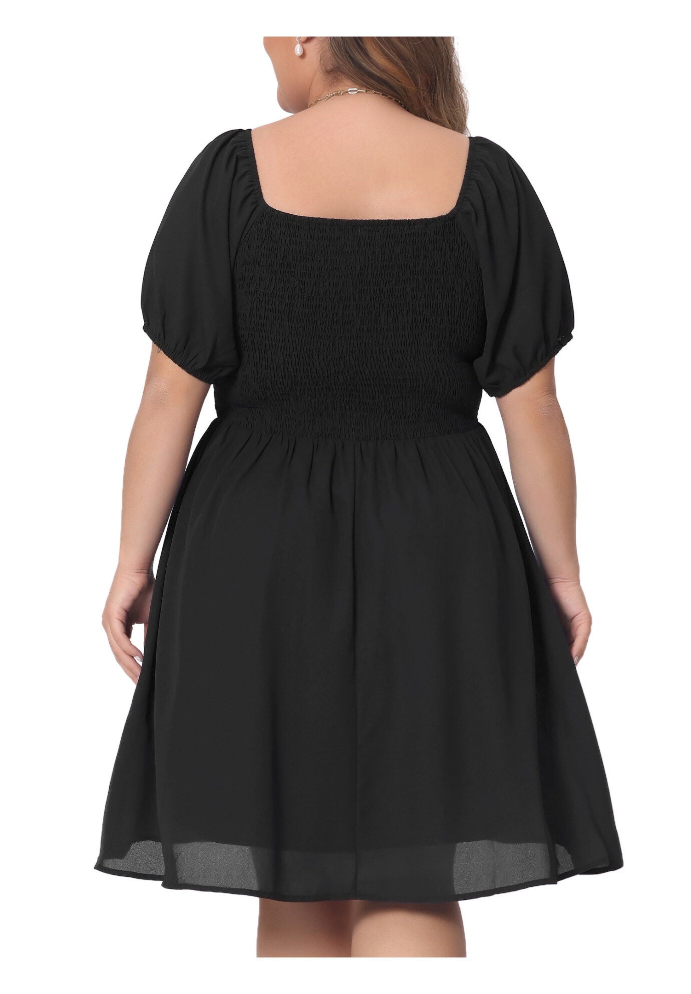 Smocked Square Neck Short Sleeve Stretchy Midi Dress, Black / Black, alternate image number 1