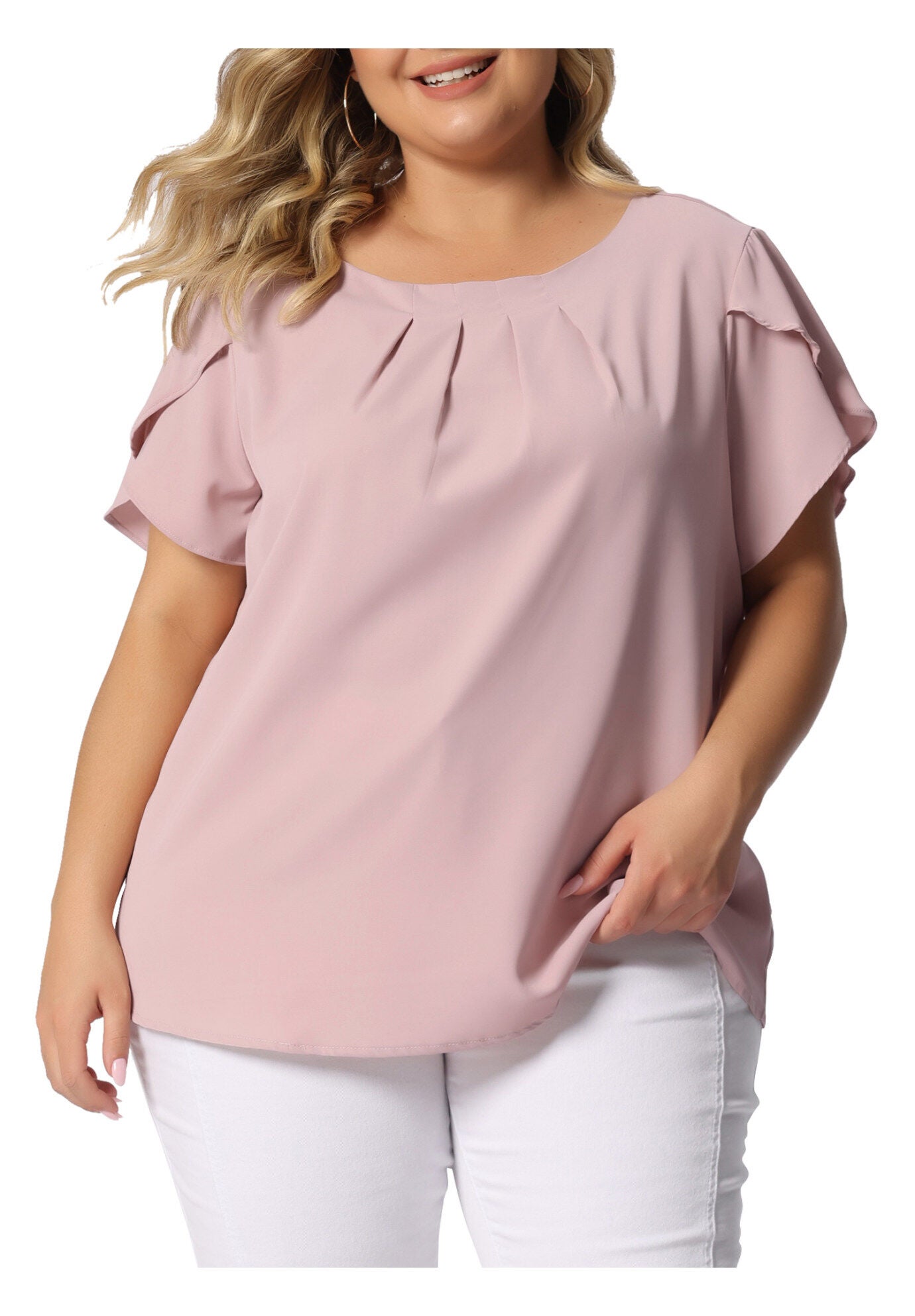 Round Neck Pleated Top Tulip Sleeves Blouse Top, Pink / Pink, alternate image number 2