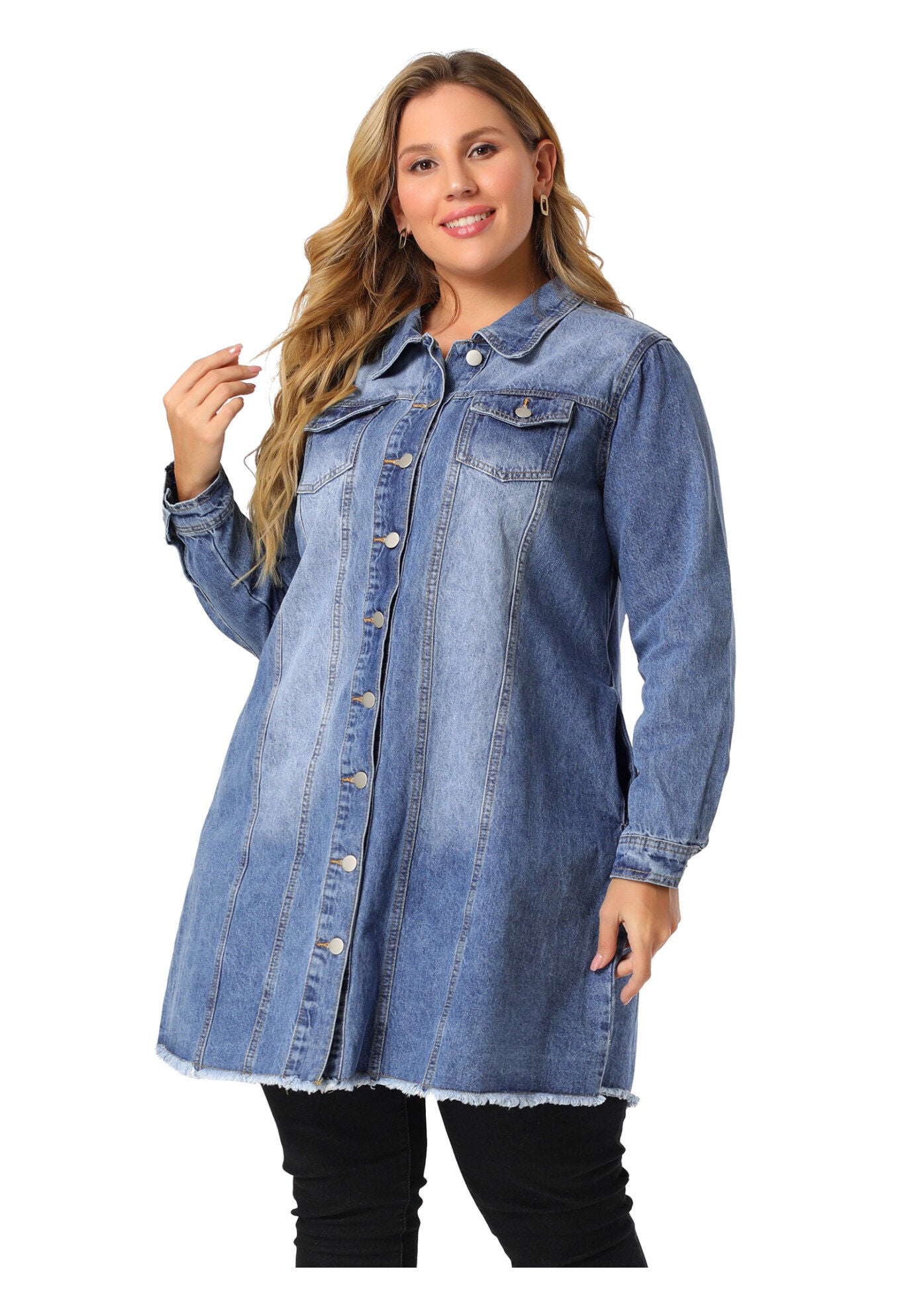 DISTRESSED BUTTON UP POCKET LONG DENIM JACKET, Blue / Royal Blue, alternate image number 3