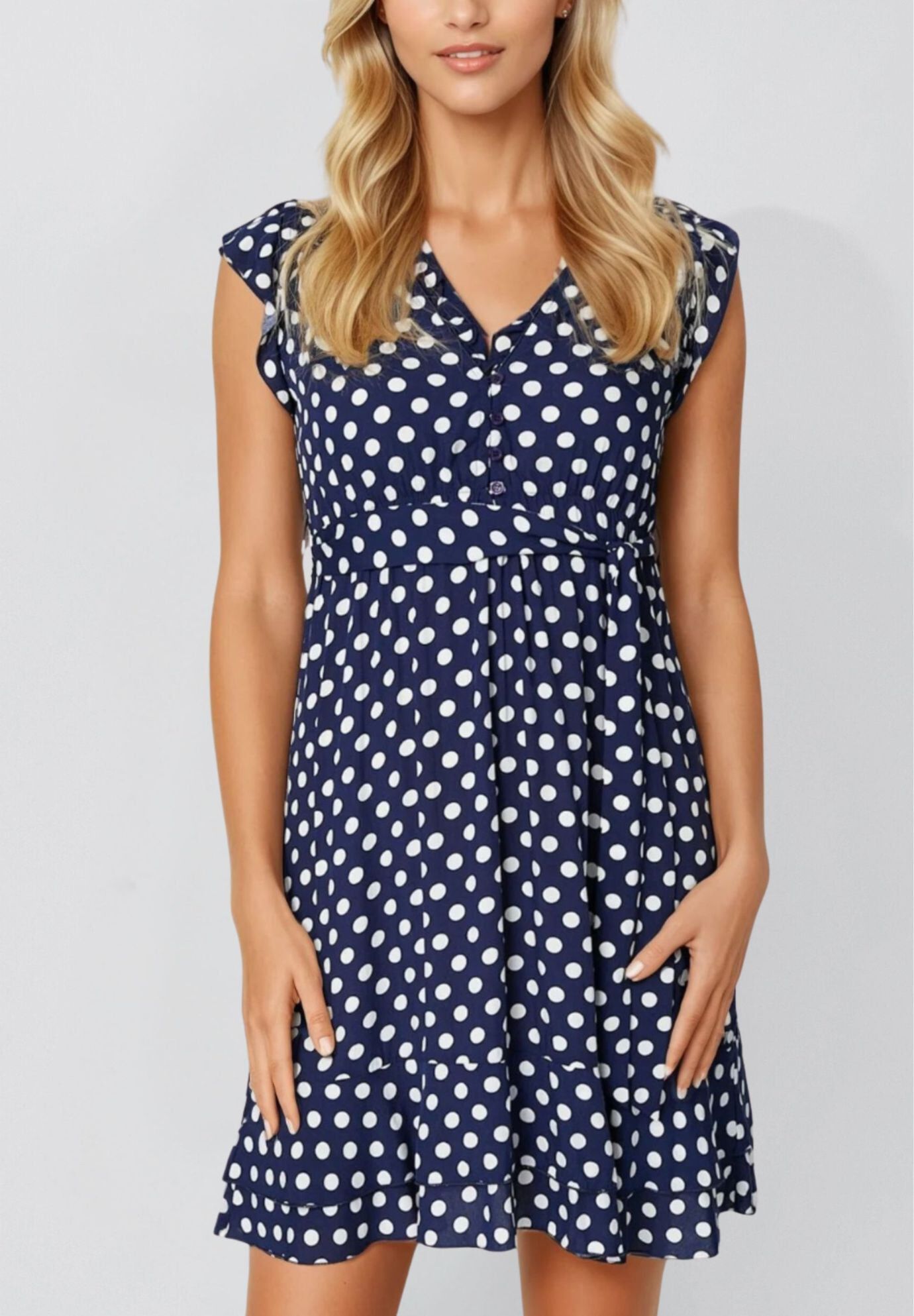 Annick - Natasha Polka Dot Short Dress with Belt, Pockets, and Ruffle Trim, Navy / Navy, hi-res image number 0
