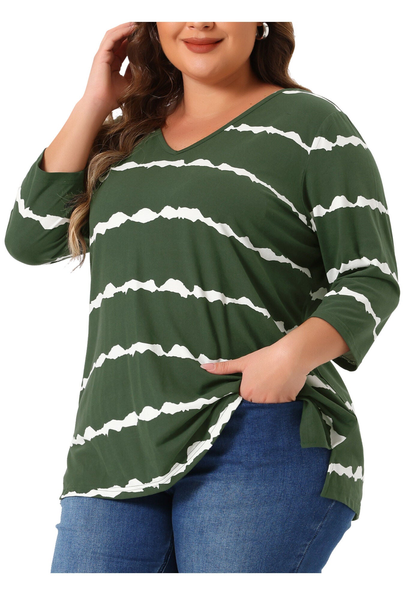 V Neck 3/4 Sleeve Loose Casual Striped Tie Dye Print T-Shirt Top, Dark Green / Hunter Green, alternate image number 2