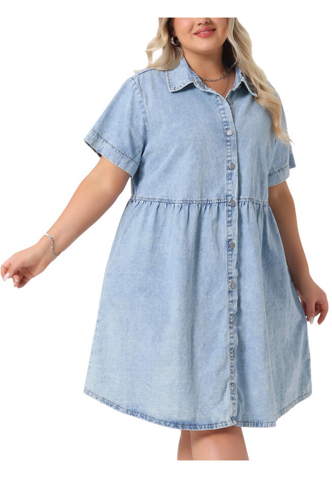 Denim Babydoll Tiered Short Sleeve Button Down Jean Shirt Dress, Light Blue / Light Blue, alternate image number 1
