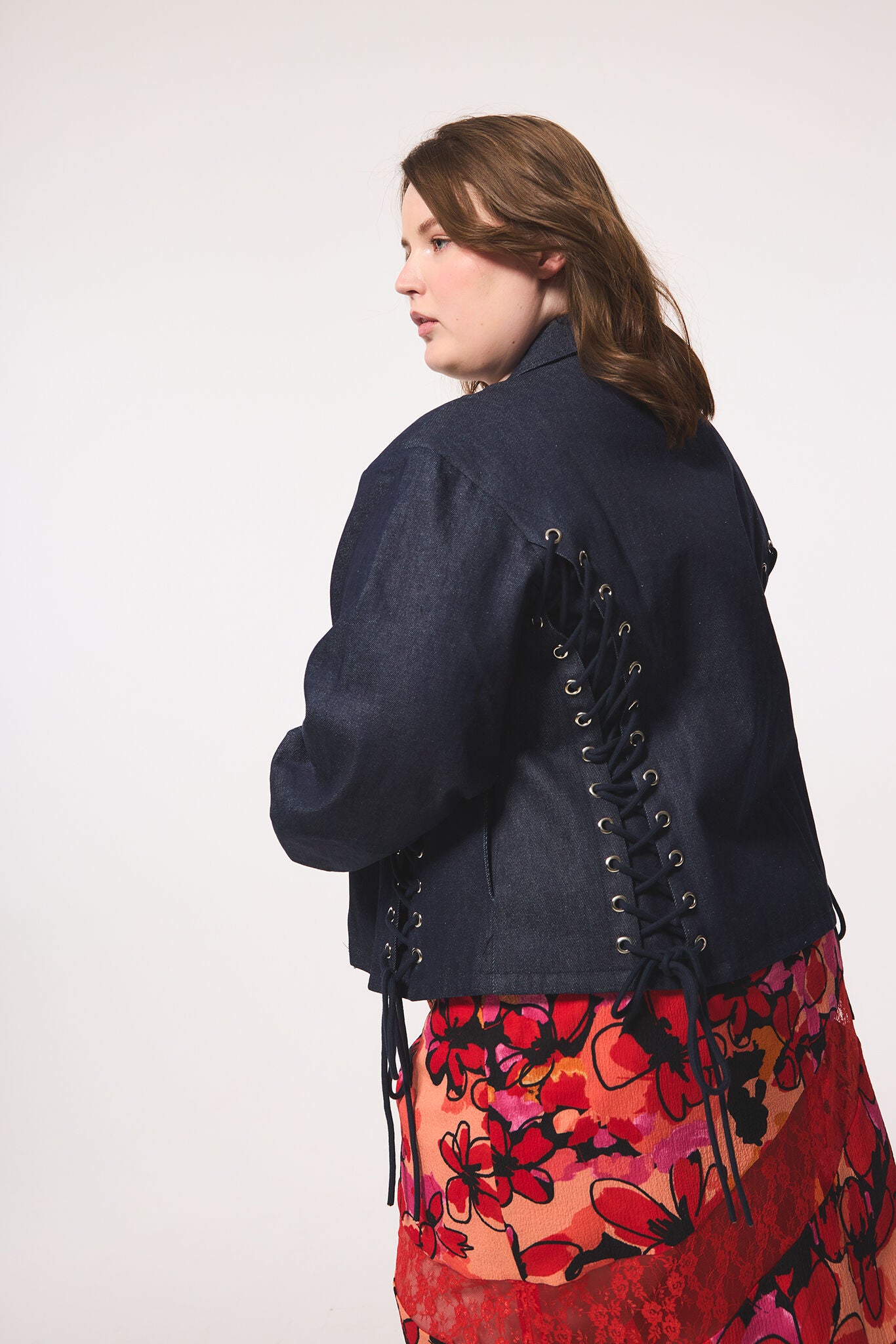 Lace up Exaggerated Slv Denim Jacket, NAVY / Dark Wash, alternate image number 1