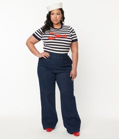 Unique Vintage Denim High Waist Wide Leg Tab Pants
