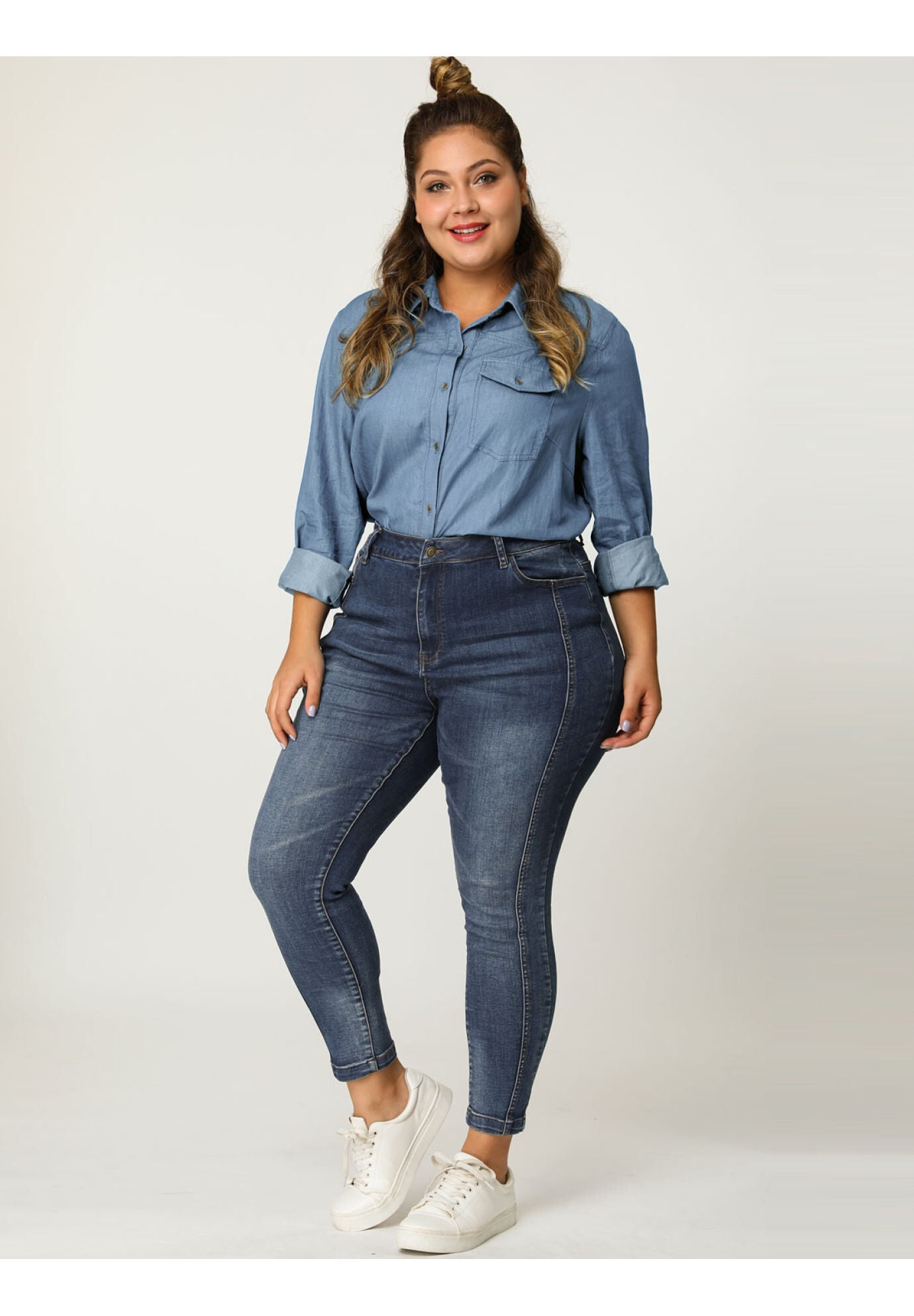 LONG SLEEVE CHEST POCKET DENIM CHAMBRAY SHIRT, Light Blue / Light Blue, alternate image number 3