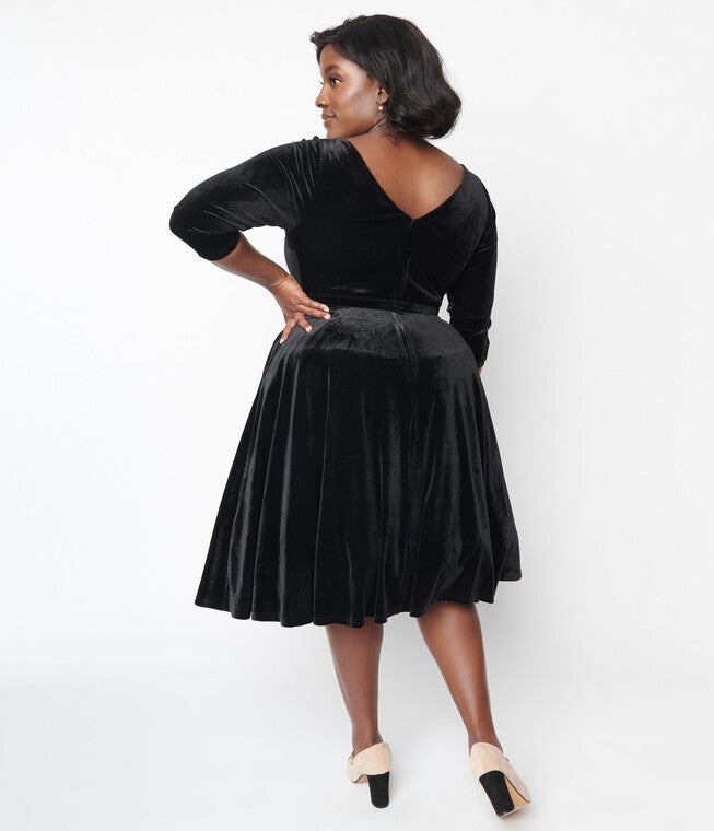 Unique Vintage Black Velvet Faux Bow Devon Swing Dress, Black / Black, alternate image number 2