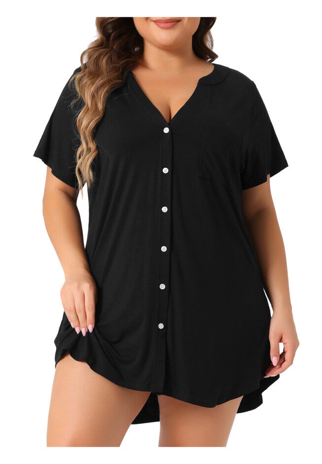 Short Sleeve V Neck Button Down Pajamas Dress, Black / Black, alternate image number 3